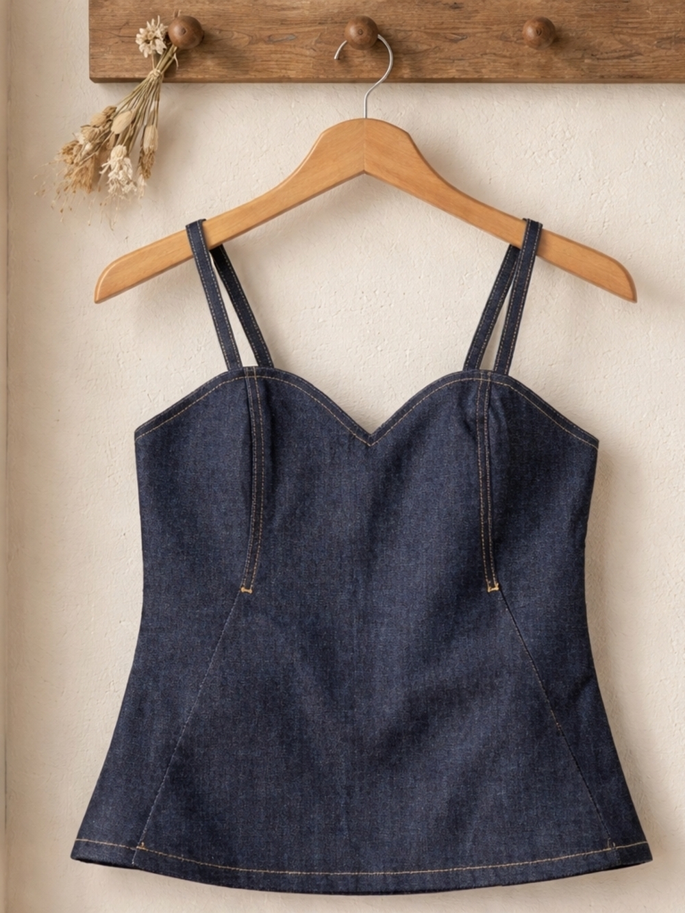 Denim Sweetheart Neck Cami Top in Dark Blue